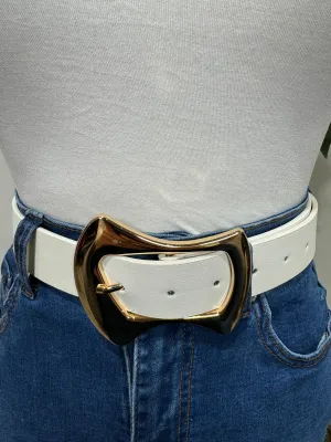 Alaina - White Leather Belt with Gold Buckle