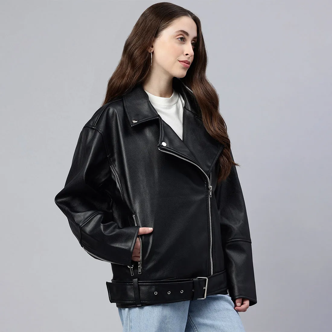 Belted Oversized Biker Jacket