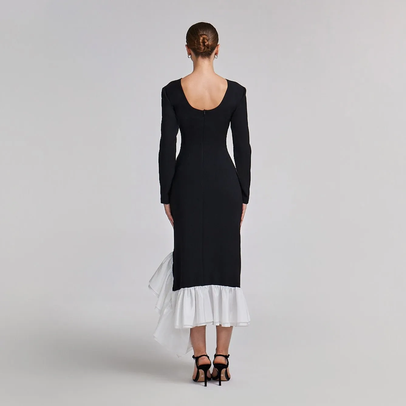 Black Crepe Midi Dress With White Ruffles