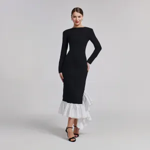 Black Crepe Midi Dress With White Ruffles