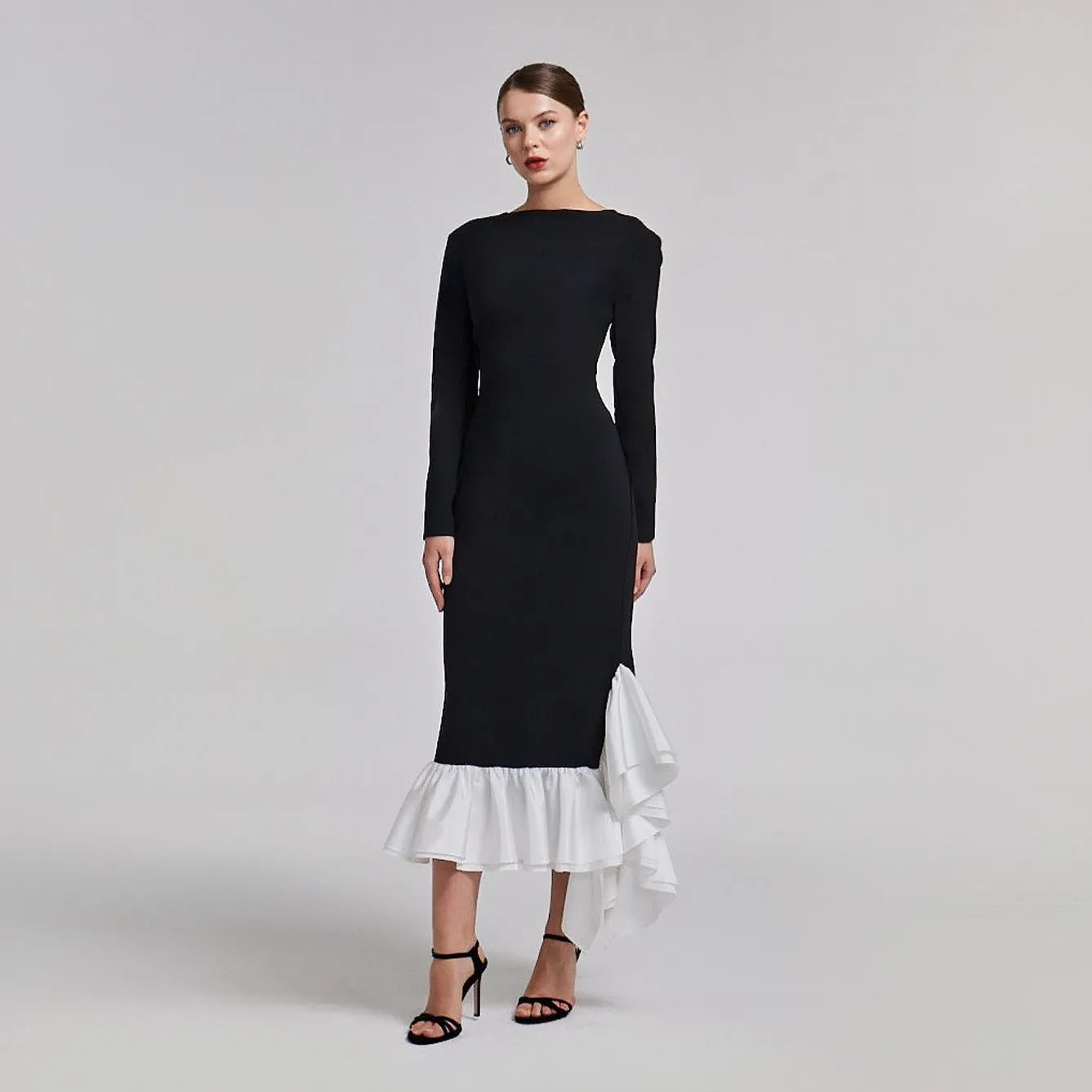 Black Crepe Midi Dress With White Ruffles