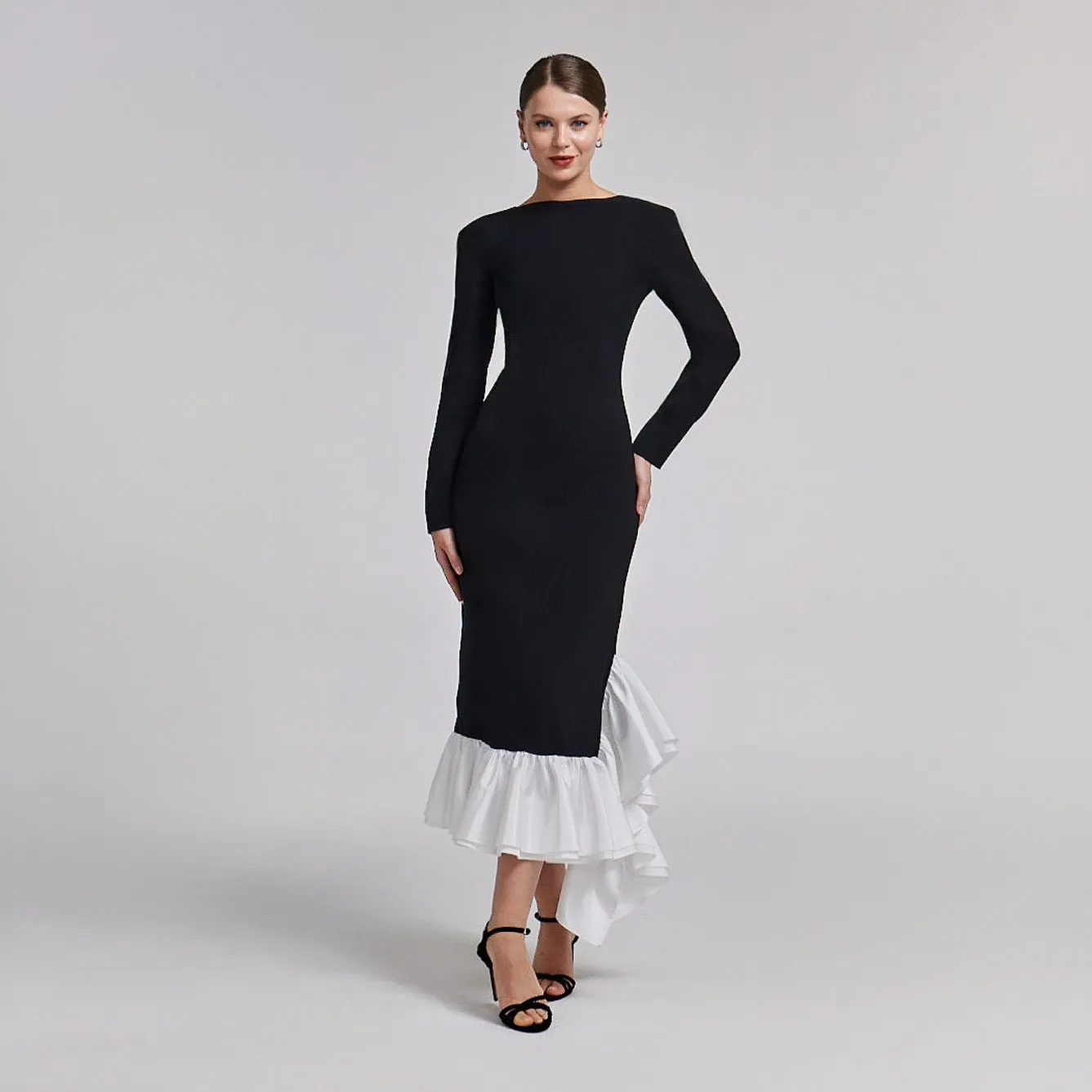 Black Crepe Midi Dress With White Ruffles