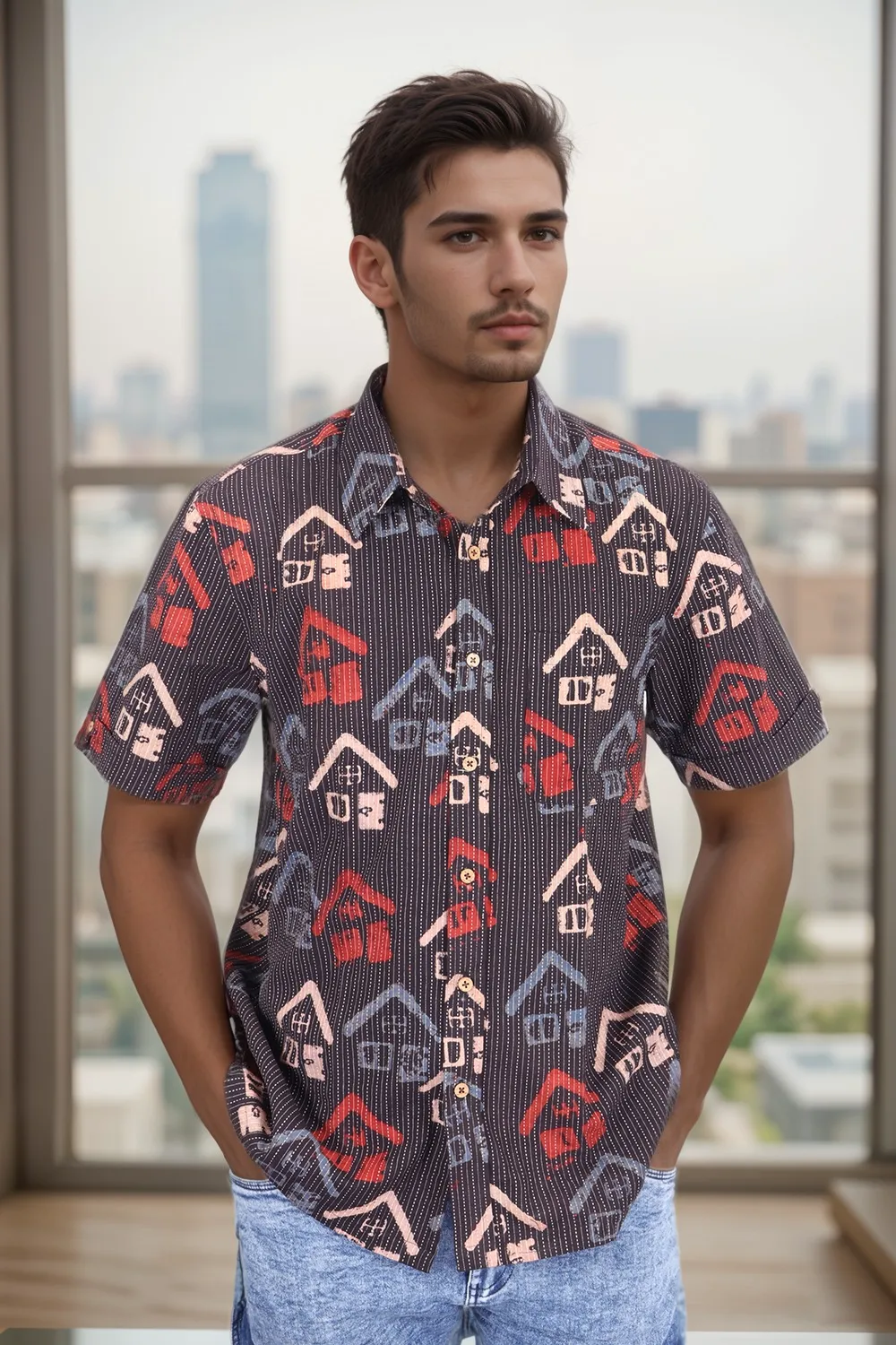 Black Half Sleeve Ajrakh Printed Cotton Mens Shirt 10073059
