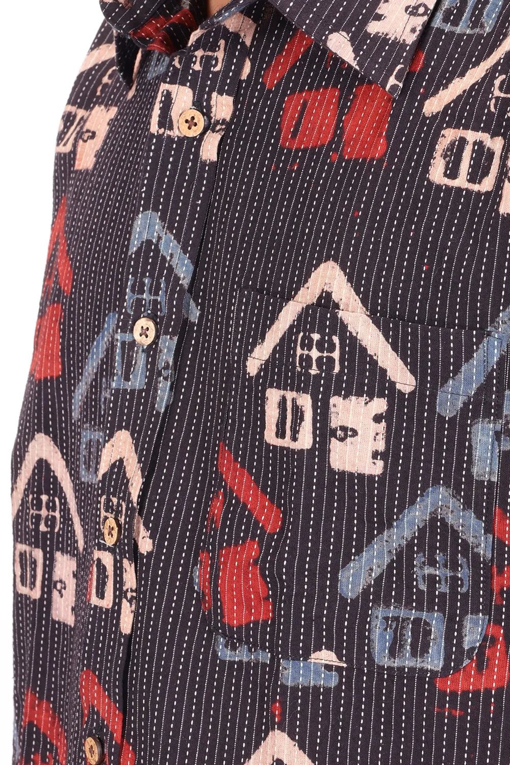 Black Half Sleeve Ajrakh Printed Cotton Mens Shirt 10073059