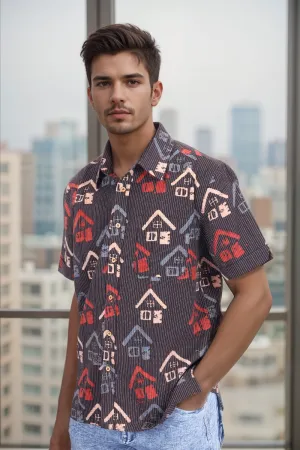 Black Half Sleeve Ajrakh Printed Cotton Mens Shirt 10073059