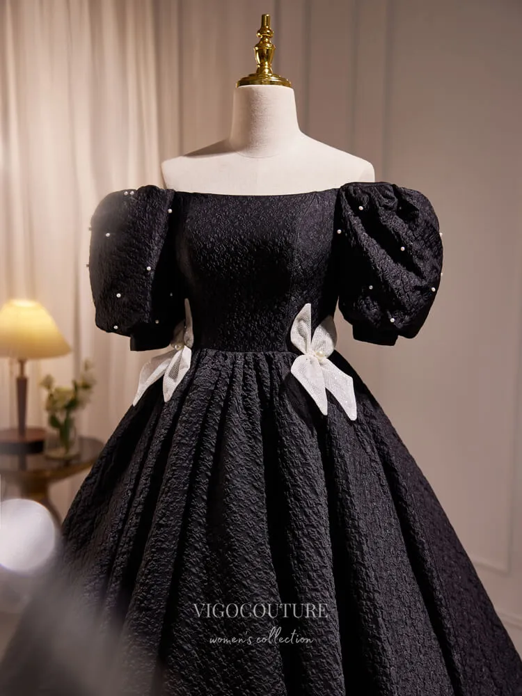 Black Jacquard Satin Hoco Dresses Puffed Sleeve Midi-Length Dress hc252