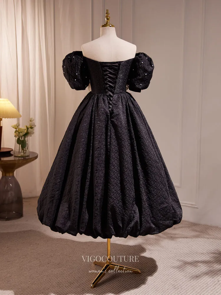 Black Jacquard Satin Hoco Dresses Puffed Sleeve Midi-Length Dress hc252