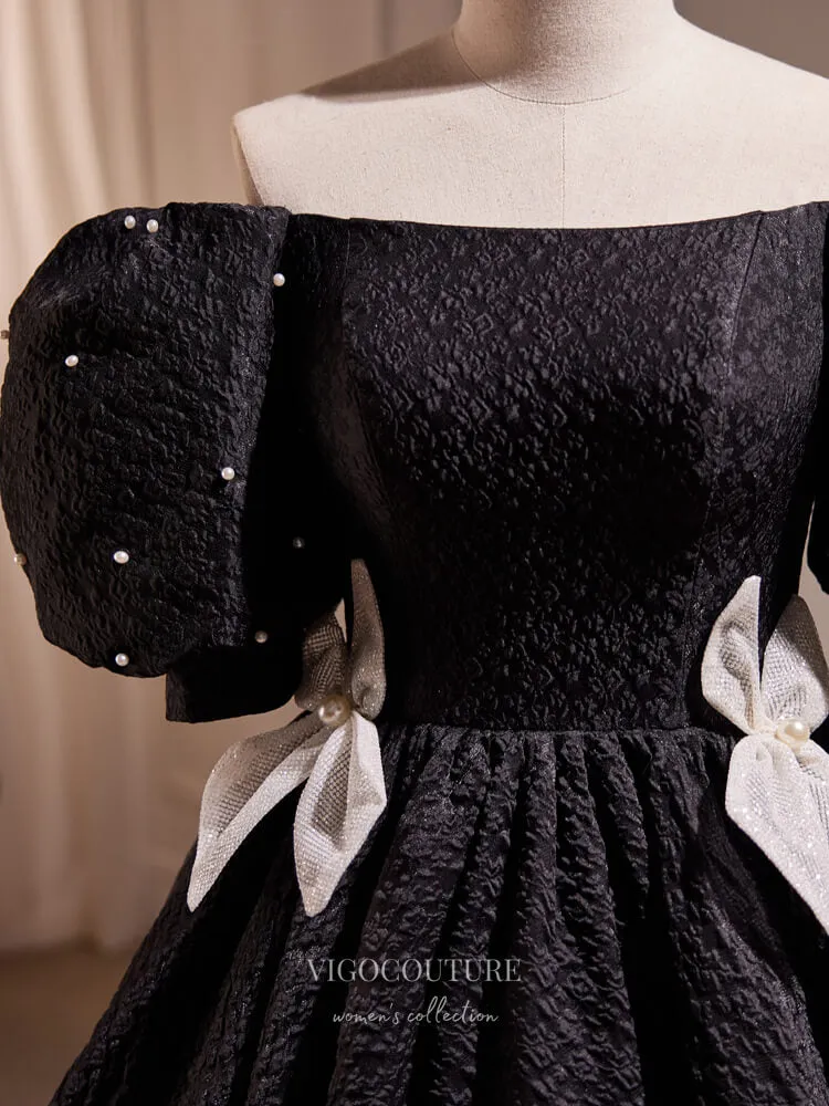 Black Jacquard Satin Hoco Dresses Puffed Sleeve Midi-Length Dress hc252