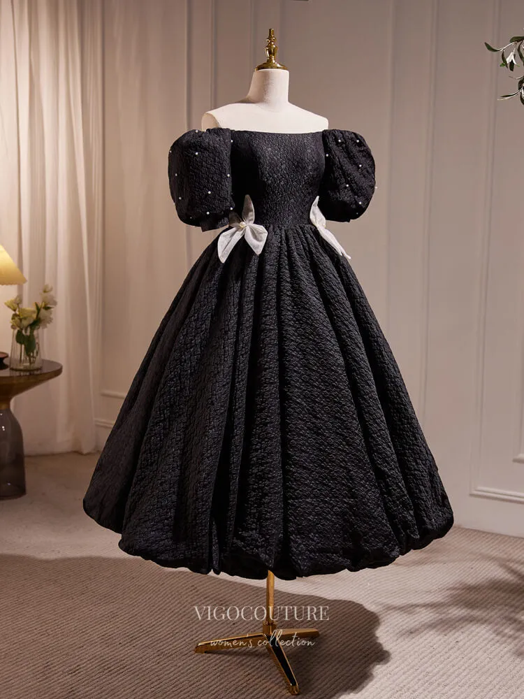 Black Jacquard Satin Hoco Dresses Puffed Sleeve Midi-Length Dress hc252