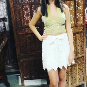 Boho IVORY wrap skirt, Sari halter top, 70s SET