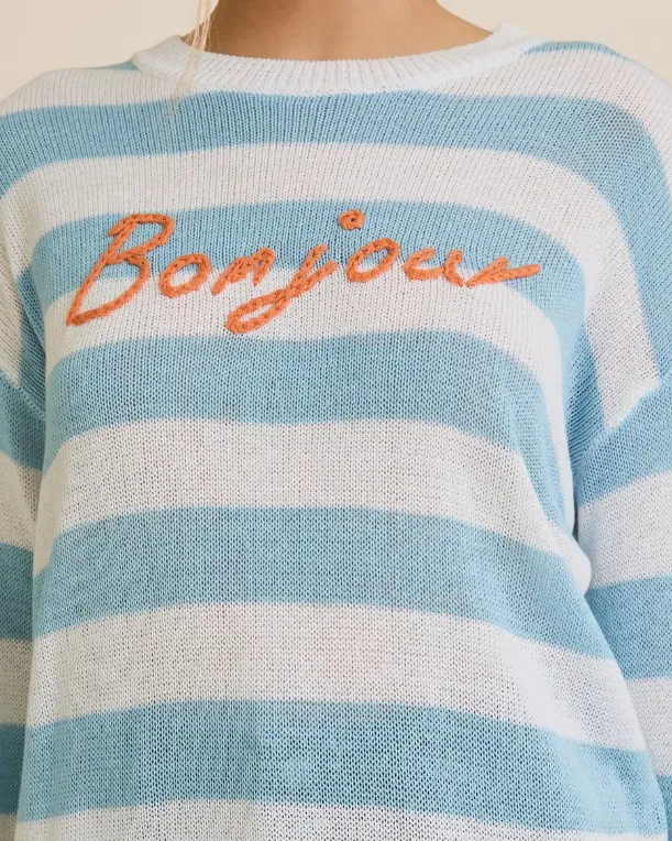 Bonjour Sweater Top - White/Light Blue Stripe