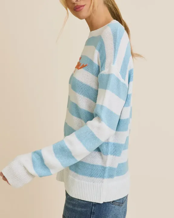 Bonjour Sweater Top - White/Light Blue Stripe