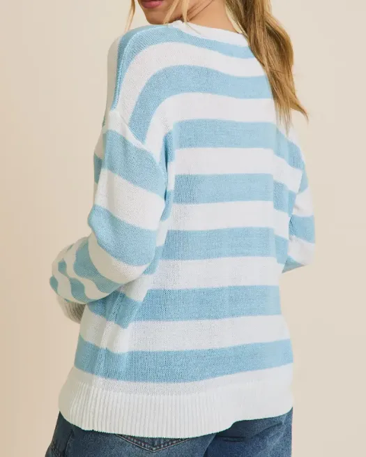 Bonjour Sweater Top - White/Light Blue Stripe