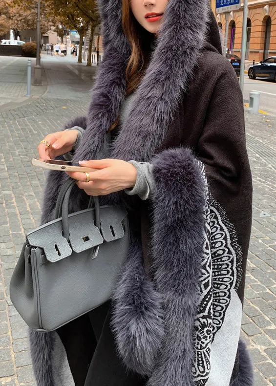 Boutique Handmade Black Hooded Patchwork Faux Fur Shawl WN007
