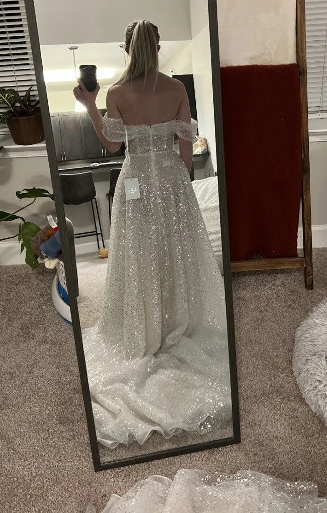 C2023-OSA774  off the shoulder a-line beaded wedding gown