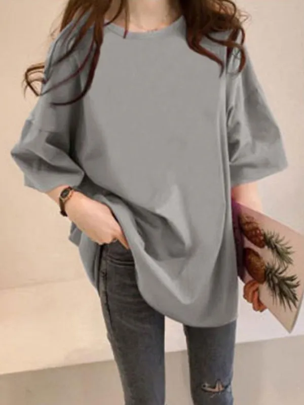 Chicmy-Casual Loose Puff Sleeve Round-Neck T-Shirts Tops