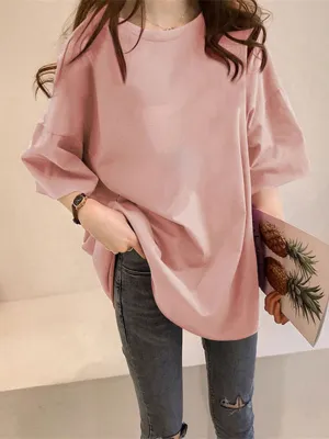 Chicmy-Casual Loose Puff Sleeve Round-Neck T-Shirts Tops