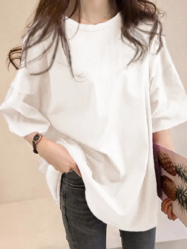 Chicmy-Casual Loose Puff Sleeve Round-Neck T-Shirts Tops