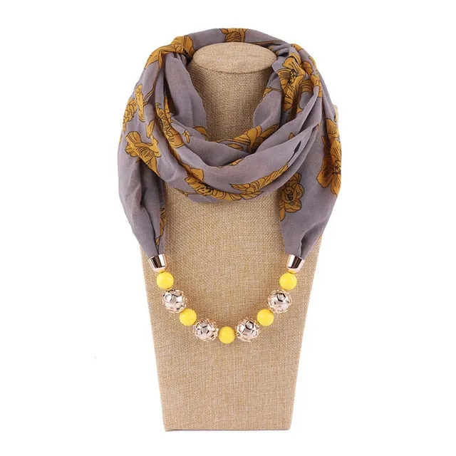 Chiffon Print Beaded Pendant Scarf Elegant Lady Necklace Female Warm Jewelry Scarves
