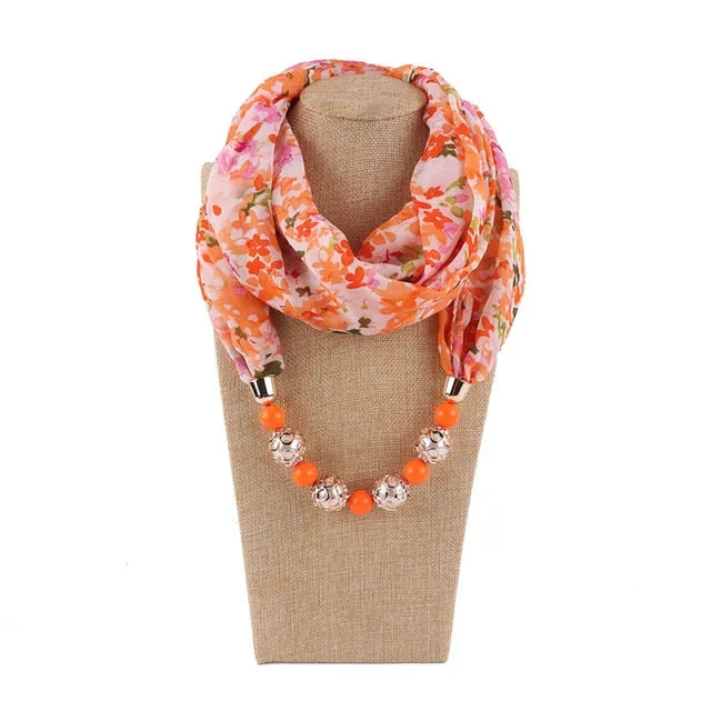 Chiffon Print Beaded Pendant Scarf Elegant Lady Necklace Female Warm Jewelry Scarves