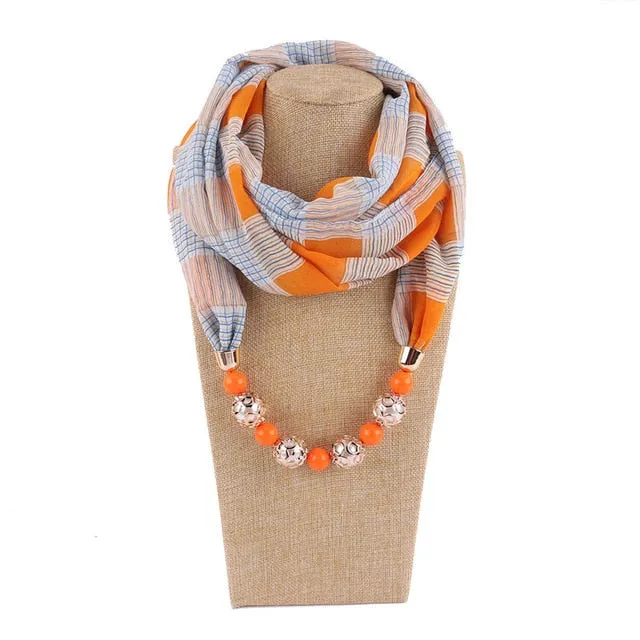 Chiffon Print Beaded Pendant Scarf Elegant Lady Necklace Female Warm Jewelry Scarves