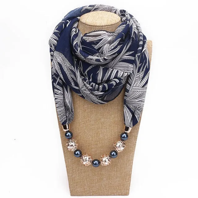 Chiffon Print Beaded Pendant Scarf Elegant Lady Necklace Female Warm Jewelry Scarves