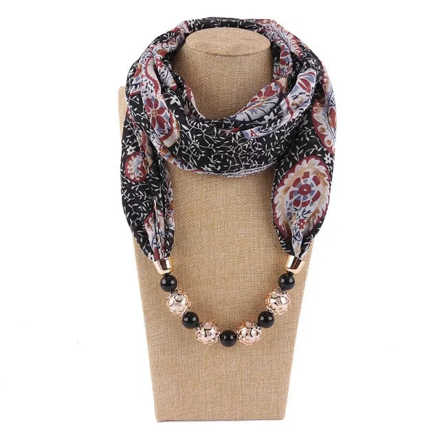 Chiffon Print Beaded Pendant Scarf Elegant Lady Necklace Female Warm Jewelry Scarves