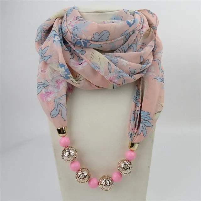 Chiffon Print Beaded Pendant Scarf Elegant Lady Necklace Female Warm Jewelry Scarves
