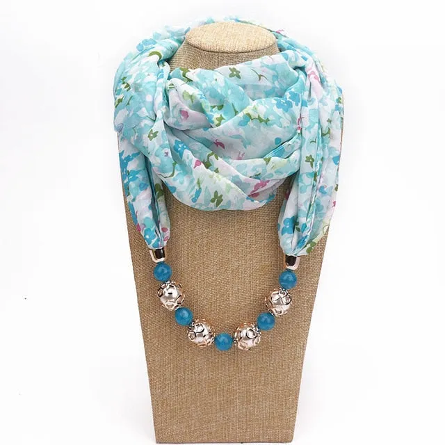 Chiffon Print Beaded Pendant Scarf Elegant Lady Necklace Female Warm Jewelry Scarves