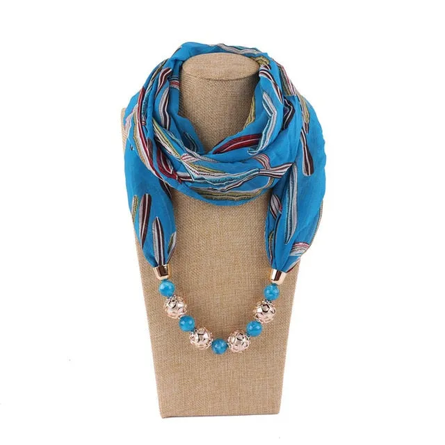 Chiffon Print Beaded Pendant Scarf Elegant Lady Necklace Female Warm Jewelry Scarves