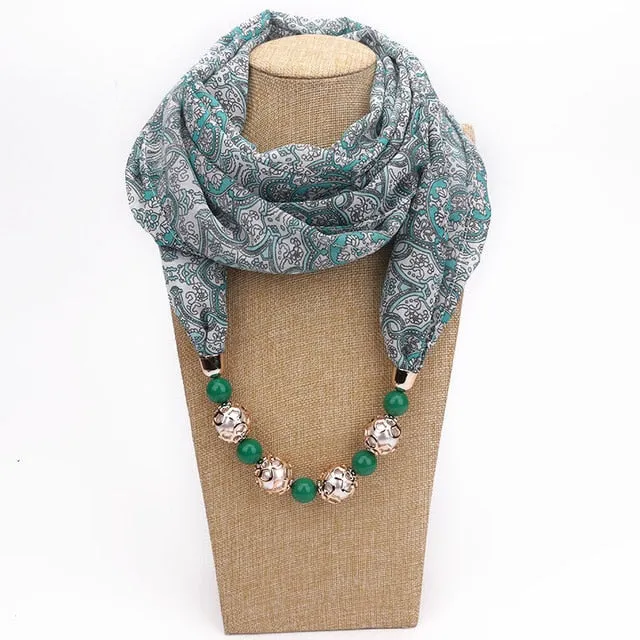 Chiffon Print Beaded Pendant Scarf Elegant Lady Necklace Female Warm Jewelry Scarves