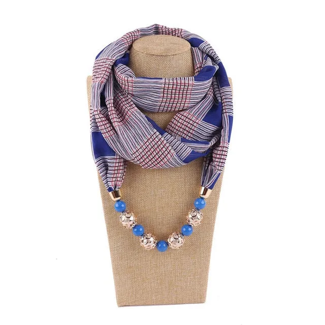 Chiffon Print Beaded Pendant Scarf Elegant Lady Necklace Female Warm Jewelry Scarves