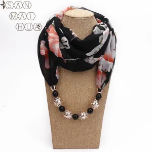 Chiffon Print Beaded Pendant Scarf Elegant Lady Necklace Female Warm Jewelry Scarves