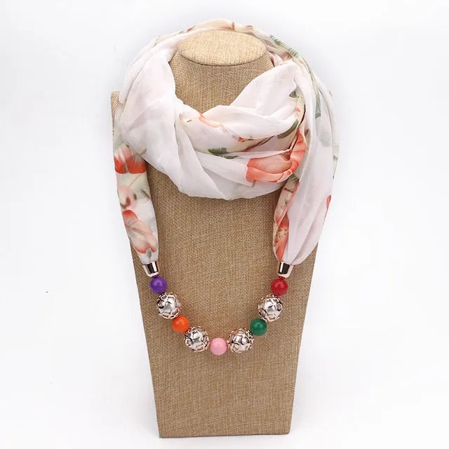 Chiffon Print Beaded Pendant Scarf Elegant Lady Necklace Female Warm Jewelry Scarves