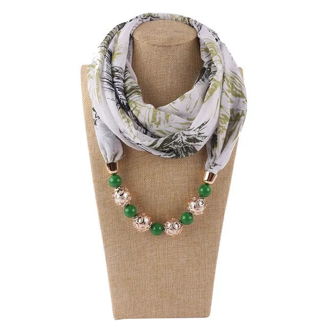 Chiffon Print Beaded Pendant Scarf Elegant Lady Necklace Female Warm Jewelry Scarves