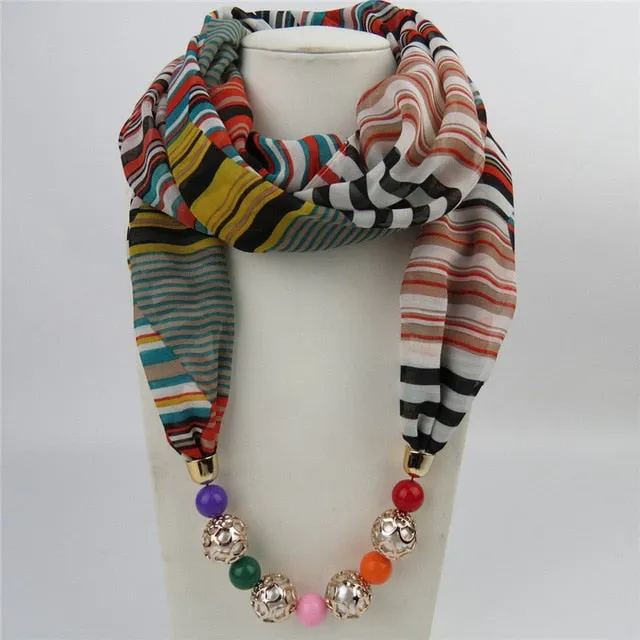 Chiffon Print Beaded Pendant Scarf Elegant Lady Necklace Female Warm Jewelry Scarves