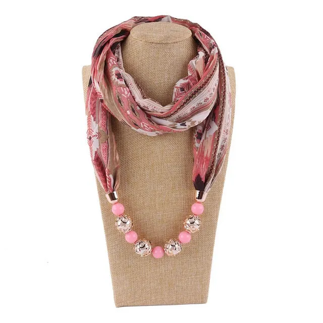 Chiffon Print Beaded Pendant Scarf Elegant Lady Necklace Female Warm Jewelry Scarves