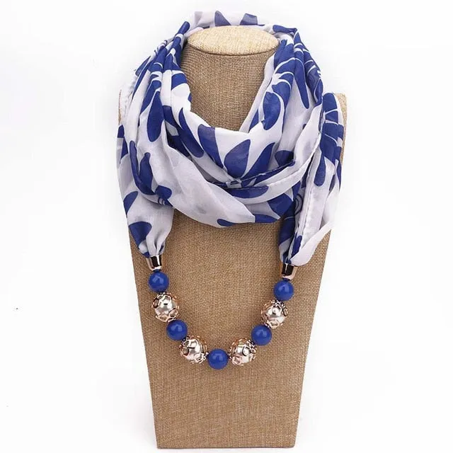 Chiffon Print Beaded Pendant Scarf Elegant Lady Necklace Female Warm Jewelry Scarves