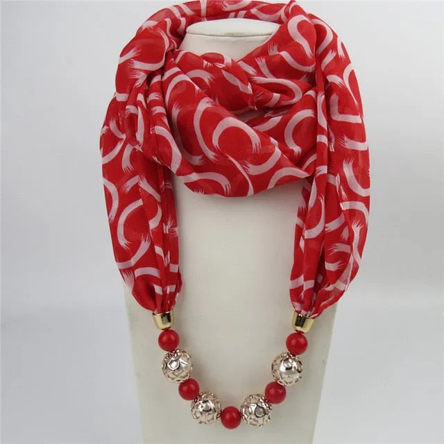 Chiffon Print Beaded Pendant Scarf Elegant Lady Necklace Female Warm Jewelry Scarves