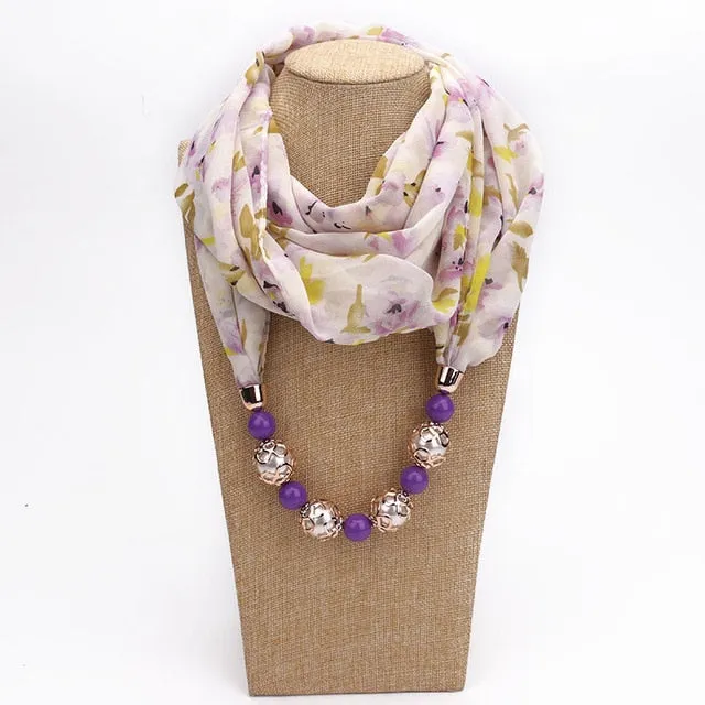 Chiffon Print Beaded Pendant Scarf Elegant Lady Necklace Female Warm Jewelry Scarves