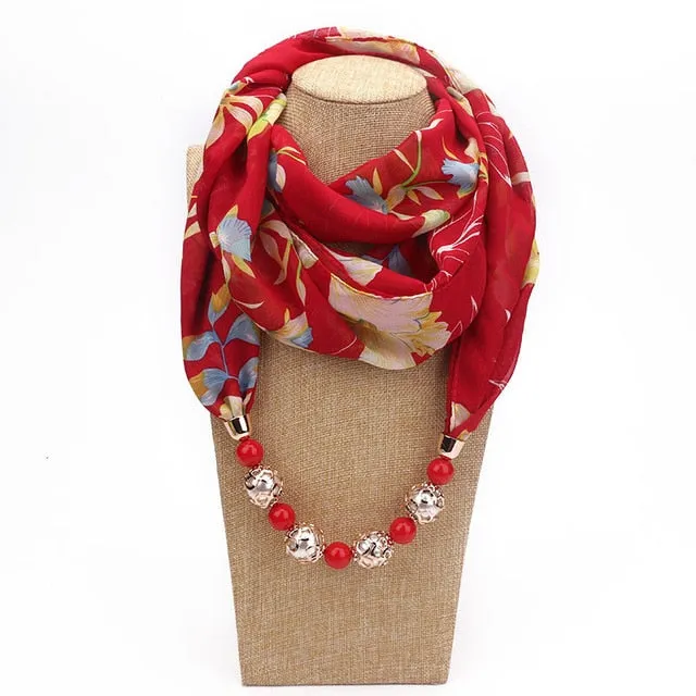 Chiffon Print Beaded Pendant Scarf Elegant Lady Necklace Female Warm Jewelry Scarves
