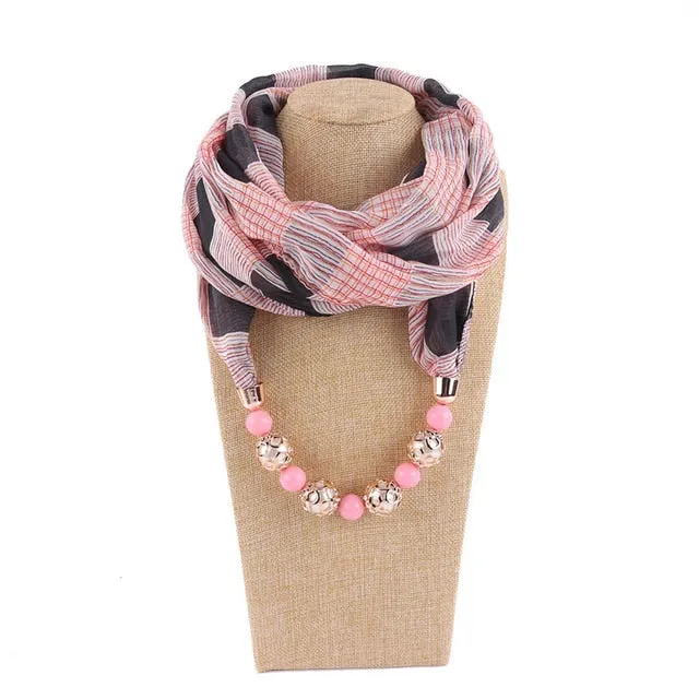 Chiffon Print Beaded Pendant Scarf Elegant Lady Necklace Female Warm Jewelry Scarves