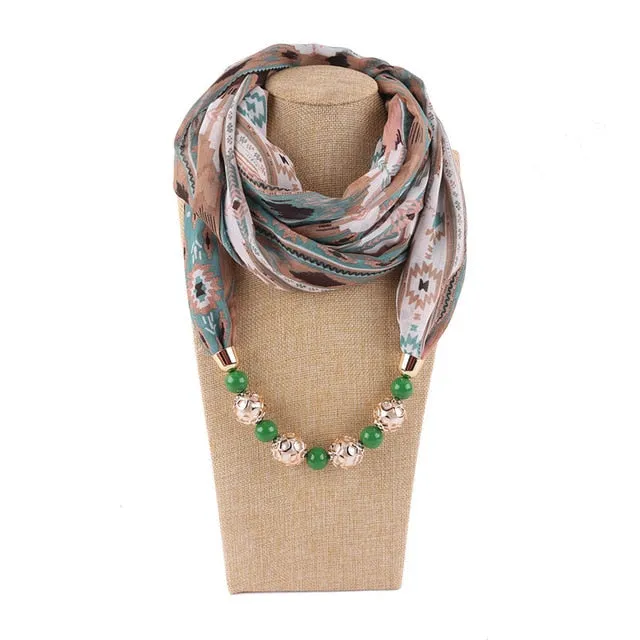 Chiffon Print Beaded Pendant Scarf Elegant Lady Necklace Female Warm Jewelry Scarves