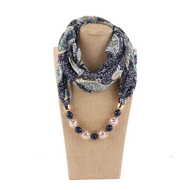 Chiffon Print Beaded Pendant Scarf Elegant Lady Necklace Female Warm Jewelry Scarves