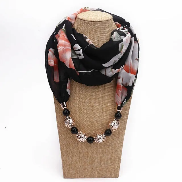 Chiffon Print Beaded Pendant Scarf Elegant Lady Necklace Female Warm Jewelry Scarves