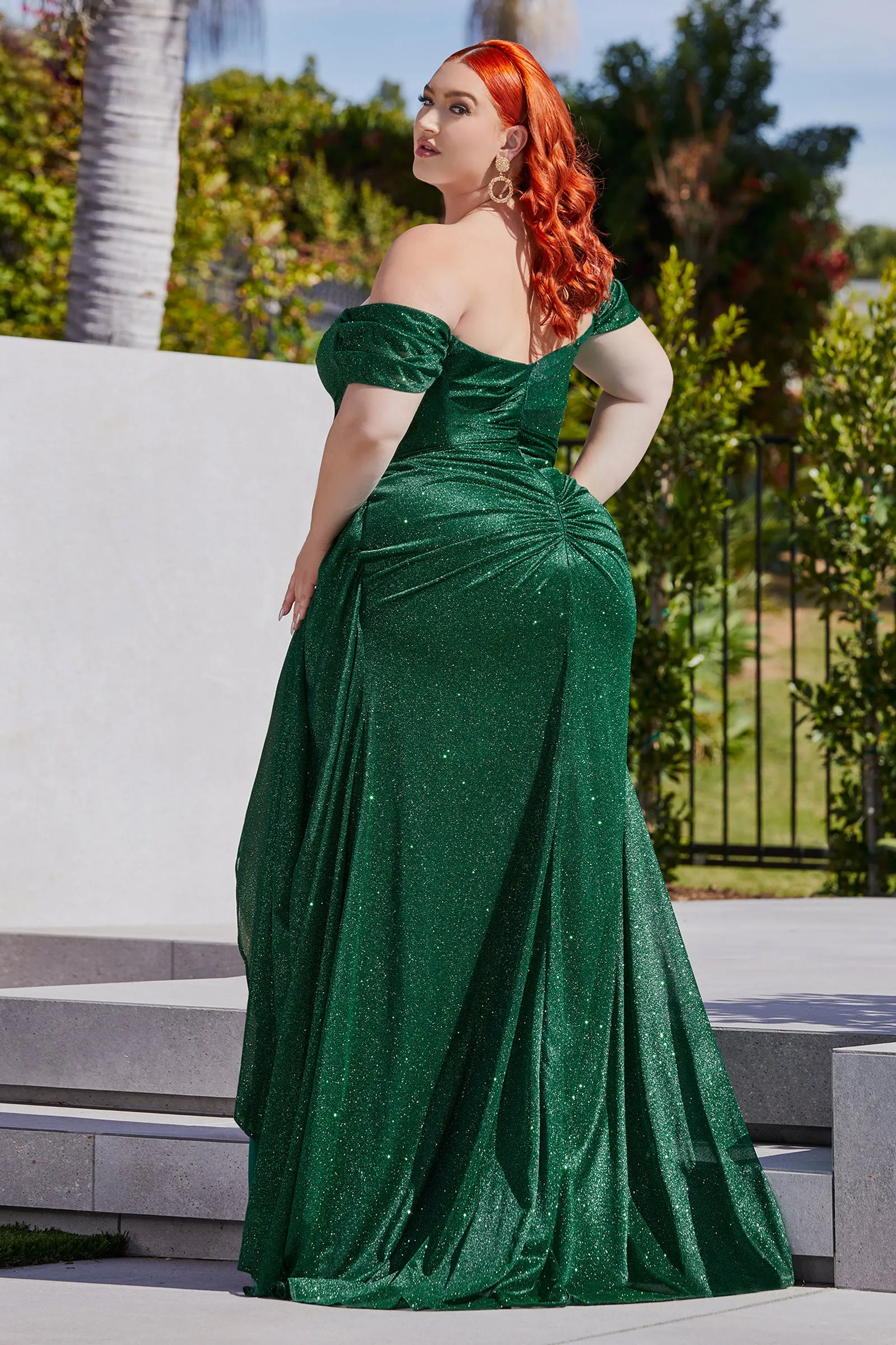 CINDERELLA DIVINE CD878C Plus Size Fitted Sweetheart Off-Shoulder Glitter Gown