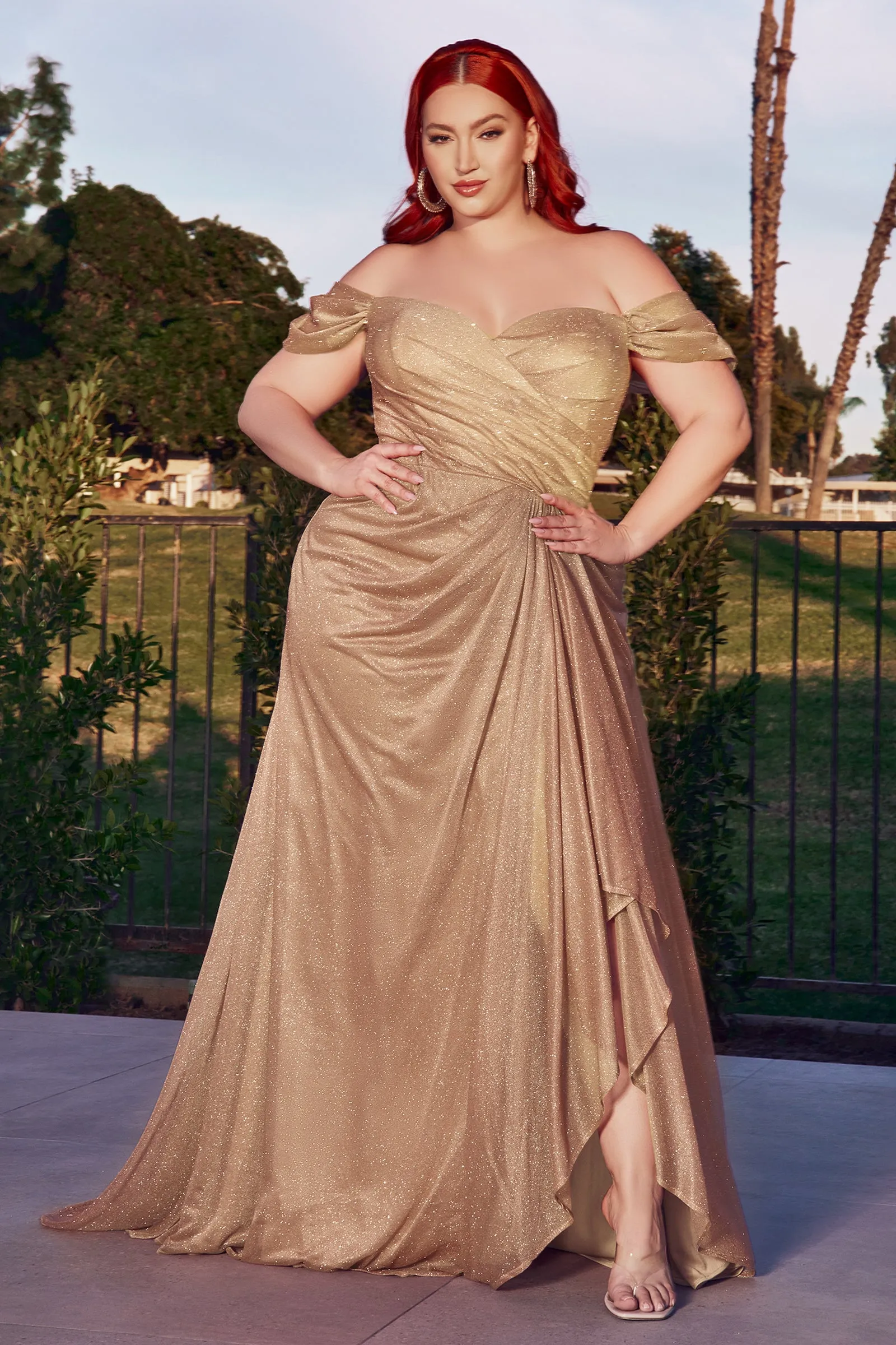 CINDERELLA DIVINE CD878C Plus Size Fitted Sweetheart Off-Shoulder Glitter Gown