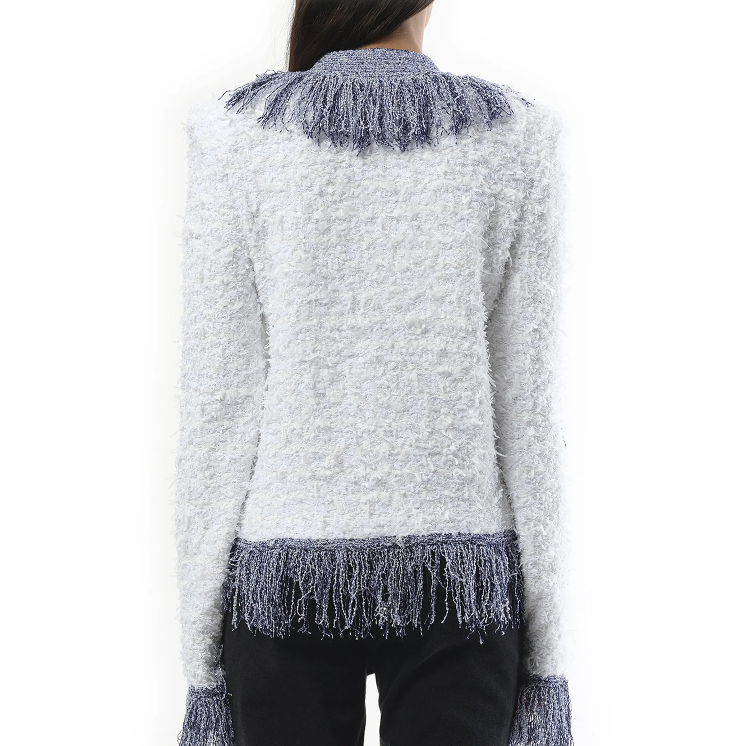 Collarless Glittered Fringed Tweed Jacket in White/Blue