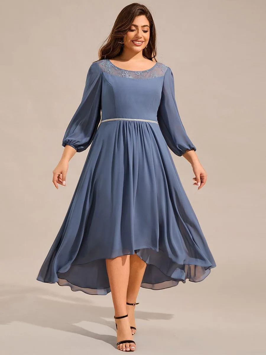 Cora | Long Sleeve Waist Chain Round Neckline Midi Chiffon Wedding Guest Dress