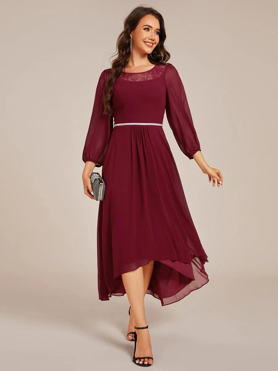 Cora | Long Sleeve Waist Chain Round Neckline Midi Chiffon Wedding Guest Dress